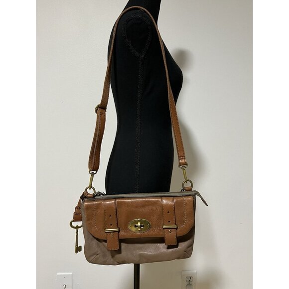 Vintage Fossil Purse Turn Lock Crossbody Satchel Key Leather Chain 12”x7” READ - Picture 1 of 16